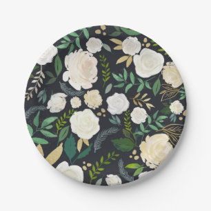 Soft Ivory Floral Pattern with Greenery Black Paper Plate