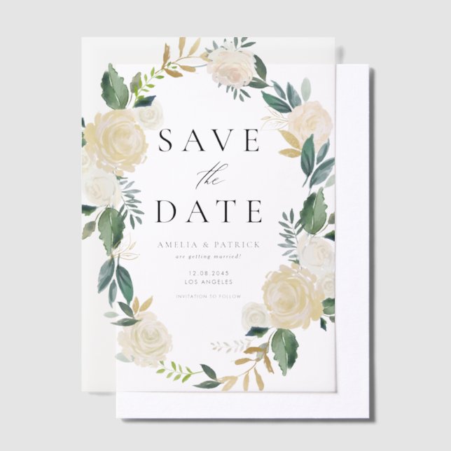 Soft Ivory Floral Wreath Greenery Save the Date Vellum Invitations (Offset)