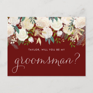 Soft Ivory Flowers Red Will You Be My Groomsman Invitation Postcard