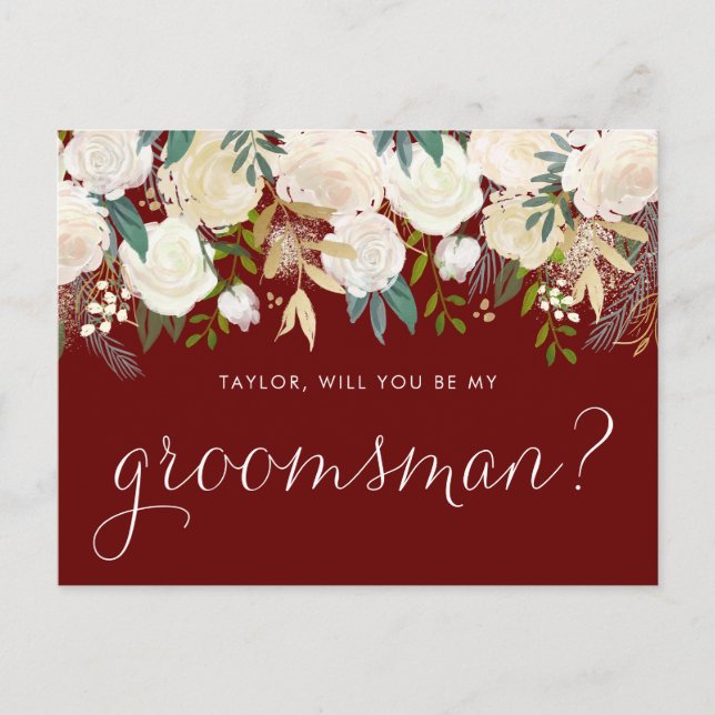 Soft Ivory Flowers Red Will You Be My Groomsman Invitation Postcard (Front)