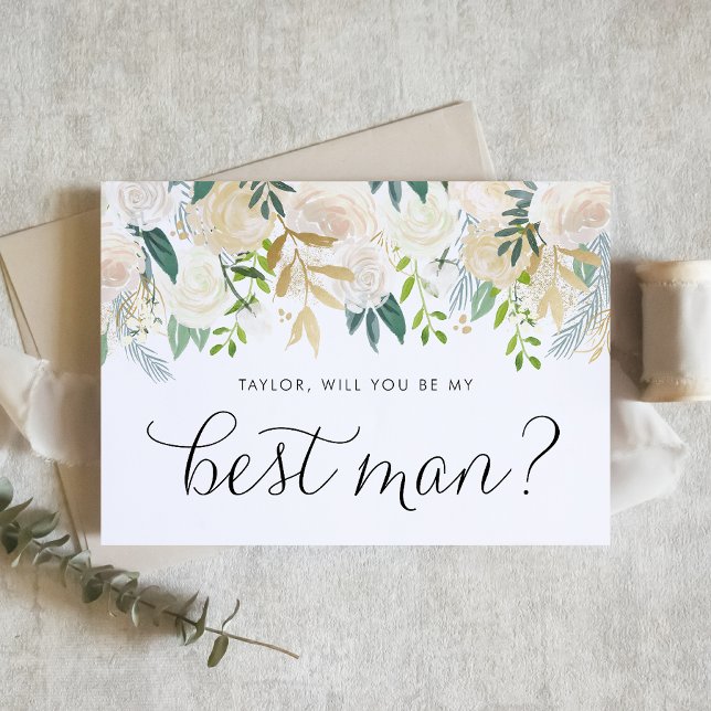 Soft Ivory Flowers Will You Be My Best Man (Elegant Best Man proposal card with watercolor flowers in neutral shades and greenery.)
