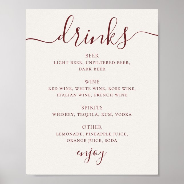 Soft Ivory Wedding Drinks Menu | Script Bar Sign (Front)