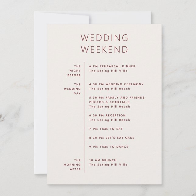 Soft Ivory Wedding Timeline | Minimalist Itinerary Invitation (Back)