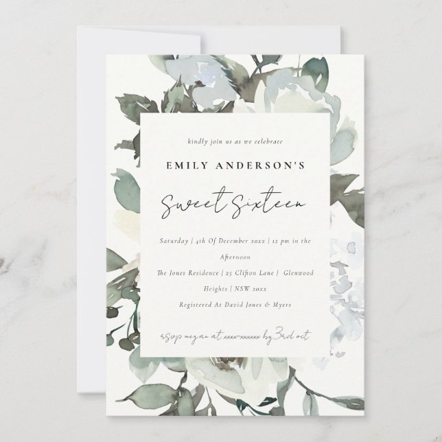SOFT IVORY WHITE FLORAL BUNCH SWEET 16 BIRTHDAY INVITATION (Front)