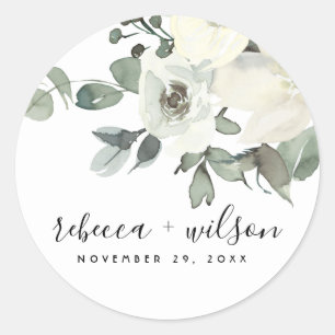 SOFT IVORY WHITE FLORAL WATERCOLOR BUNCH WEDDING CLASSIC ROUND STICKER