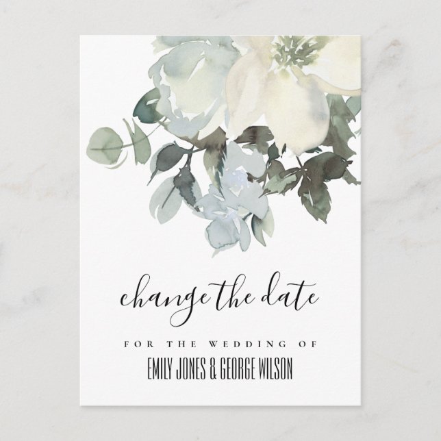 SOFT IVORY WHITE FLORAL WEDDING CHANGE THE DATE ANNOUNCEMENT POSTCARD (Front)