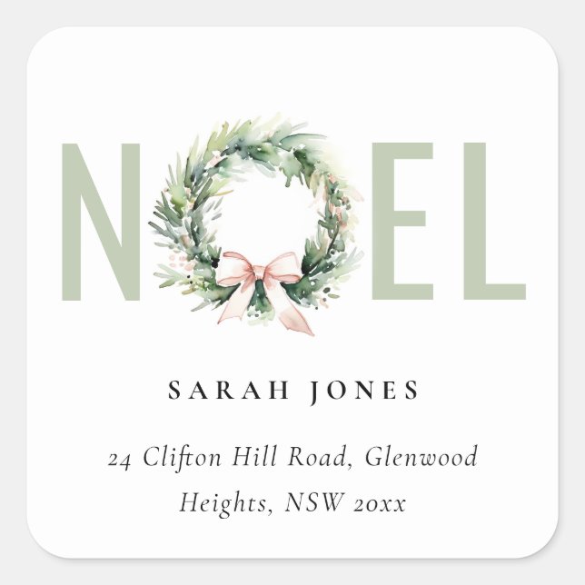 Soft Joy Blush Green Christmas Wreath Address Square Sticker (Front)