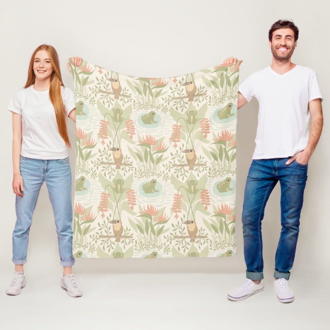 Soft Jungle Frogs & Birds Fleece Blanket (In Situ)