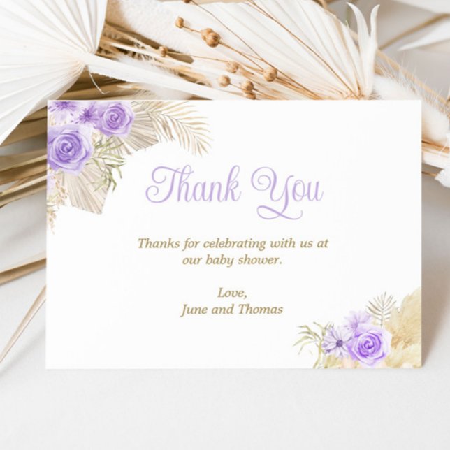 Soft Lavender Boho Pampas Floral Girl Baby Shower Thank You Card (Creator Uploaded)