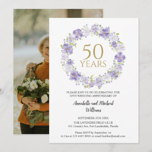 Soft Lavender Floral Wreath 50th photo Wedding  Invitation