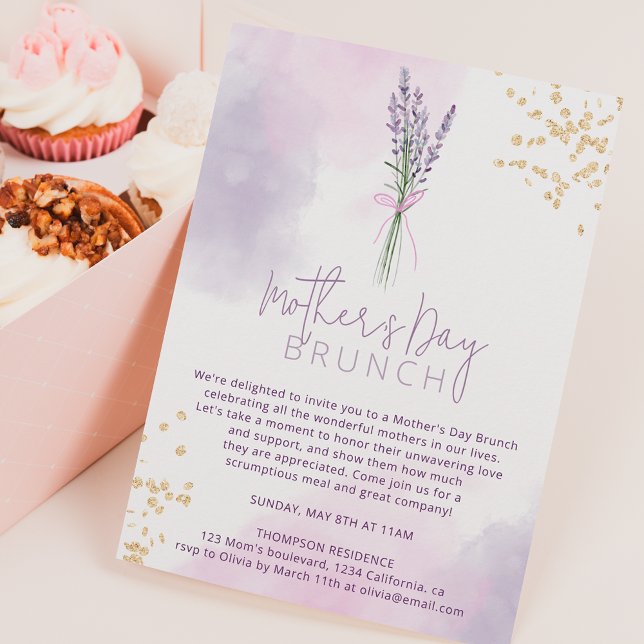 Soft lavender gold glitter flowers mother's day invitation (Creator Uploaded)