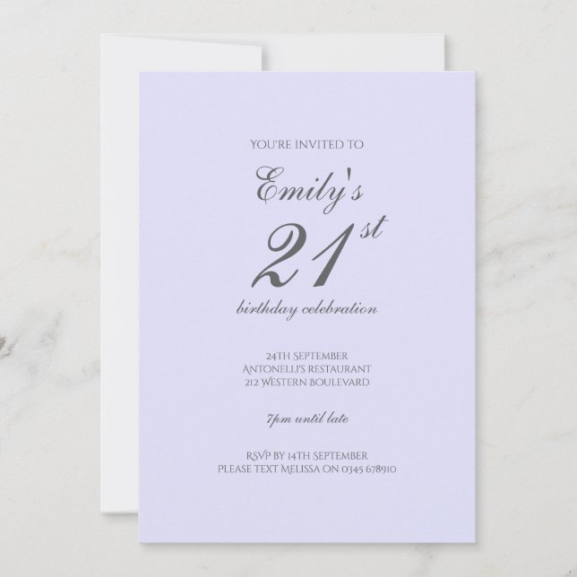Soft Lavender Minimalist 21st Birthday Invitation (Front)