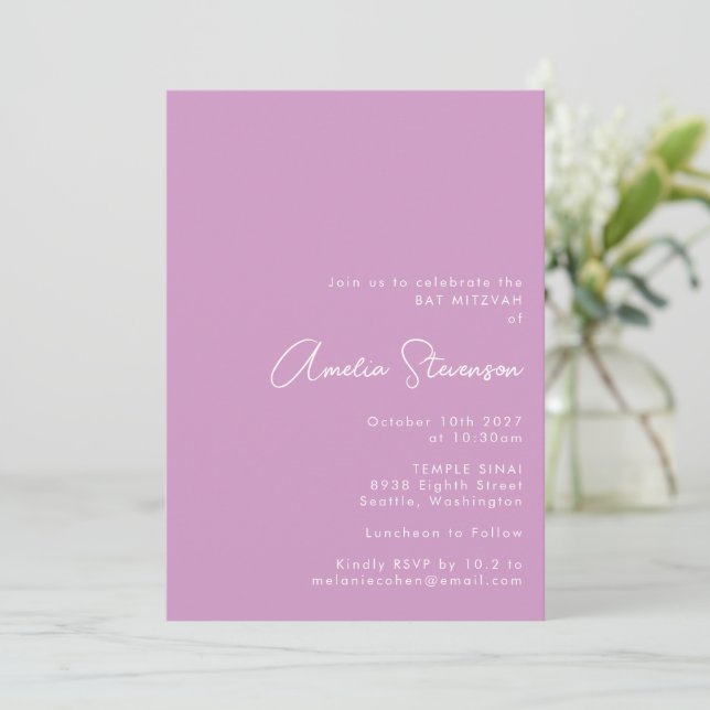 Soft Lavender Purple Minimalist Modern Bat Mitzvah Invitation (Standing Front)