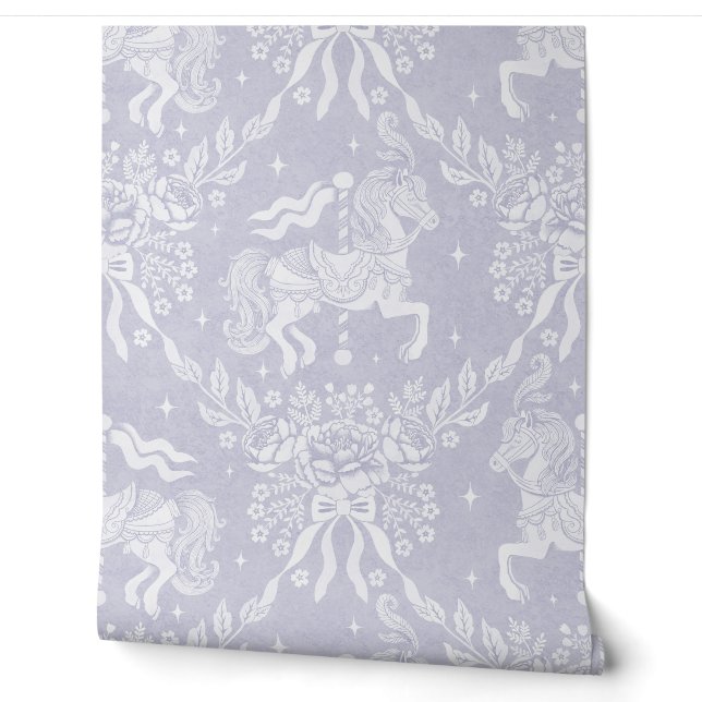 Soft Lavender Rococo Carousel Horses & Florals Wallpaper (Unrolling)