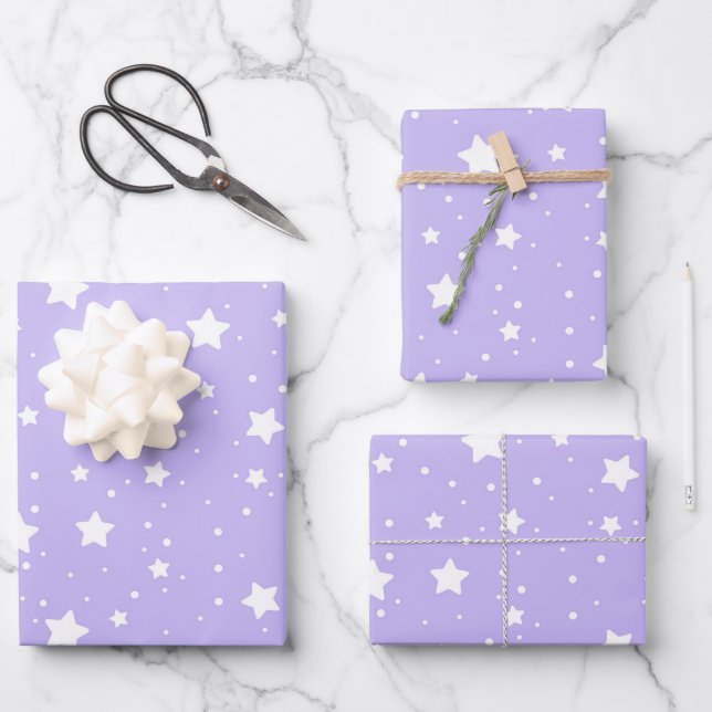 Soft Lavender Starry Pattern Wrapping Paper Sheet (Front)