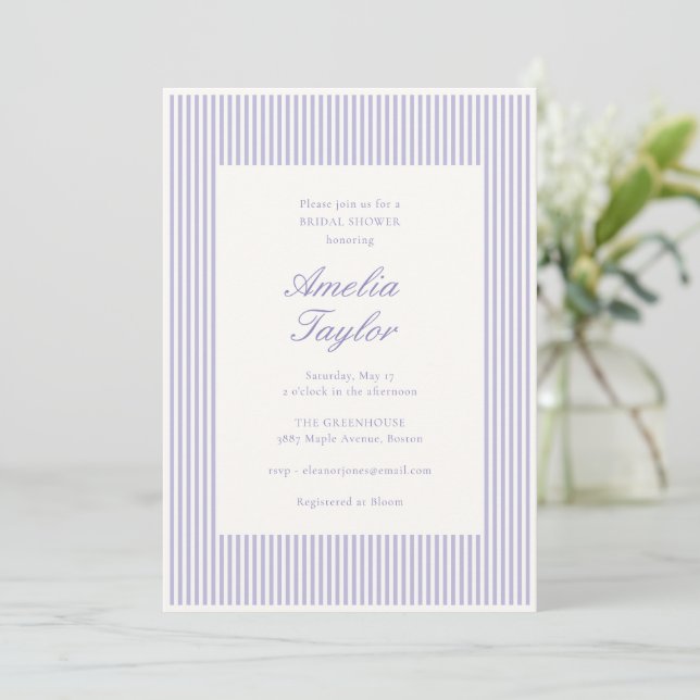 Soft Lavender Stripe Spring Classy Bridal Shower Invitation (Standing Front)