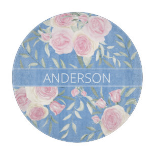 Soft Light Blue Pink Roses Family Surname Cutting Board