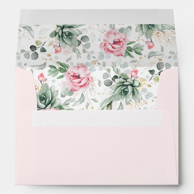 Soft Light Pink Flowers & Elegant Boho Succulents Envelope (Back (Bottom))