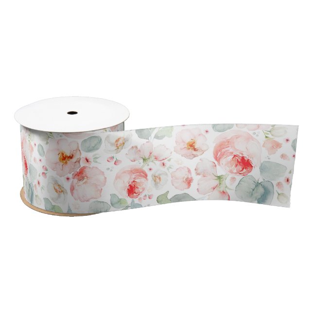 Soft Light Pink Flowers Elegant Botanical Modern Satin Ribbon (Spool)