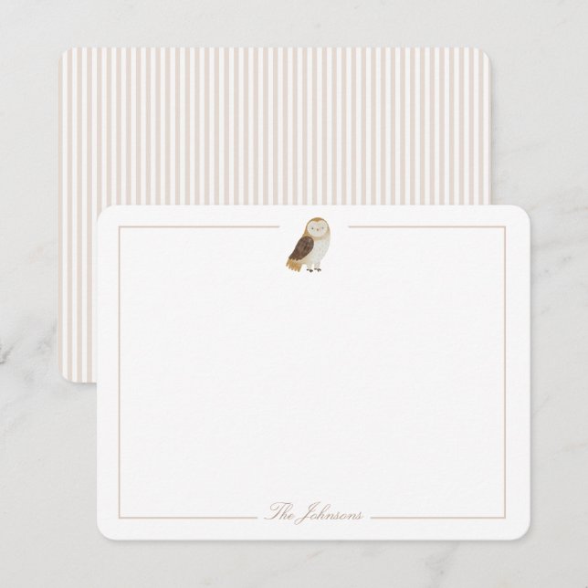 Soft Light Taupe Tan Owl Personalised Stationery Card (Front/Back)