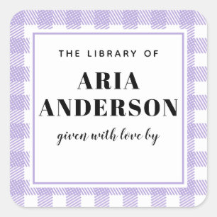 Soft Lilac Gingham Plaid Baby Boy Book Plate Square Sticker