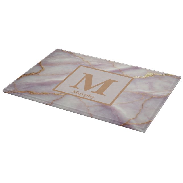 Soft Lilac Marble with Gold Veins Monogram Cutting Board (Corner)