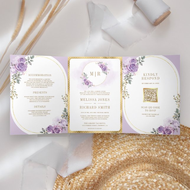 Soft Lilac Purple Floral Gold All in One Wedding Tri-Fold Invitation (Creator Uploaded)