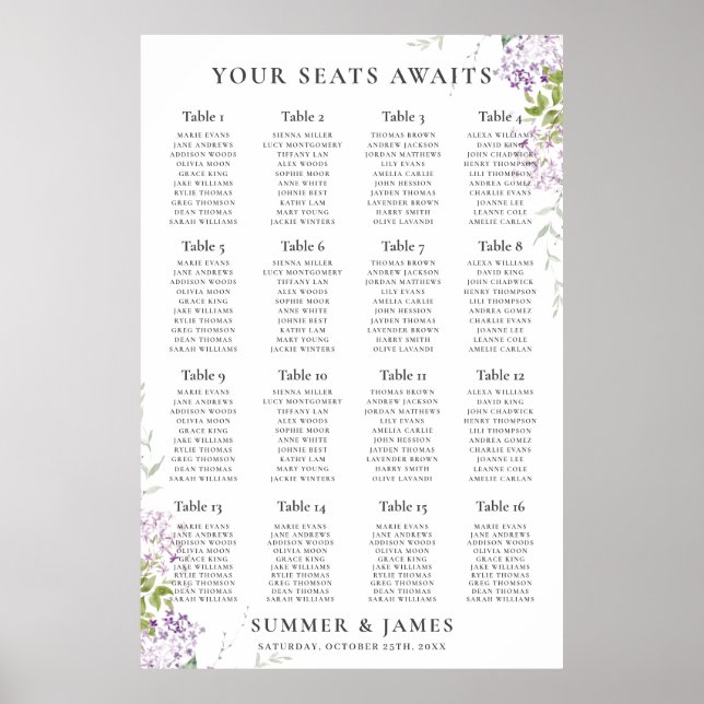 Soft Lilac Purple Floral Wedding Seating Chart (Front)
