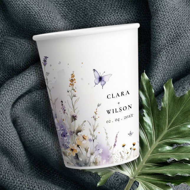 Soft Lilac Wildflower Butterfly Garden Wedding Paper Cups (Creator Uploaded)