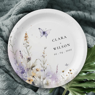 Soft Lilac Wildflower Butterfly Garden Wedding Paper Plate