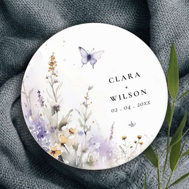 Soft Lilac Wildflower Butterfly Garden Wedding Round Paper Coaster (Creator Uploaded)