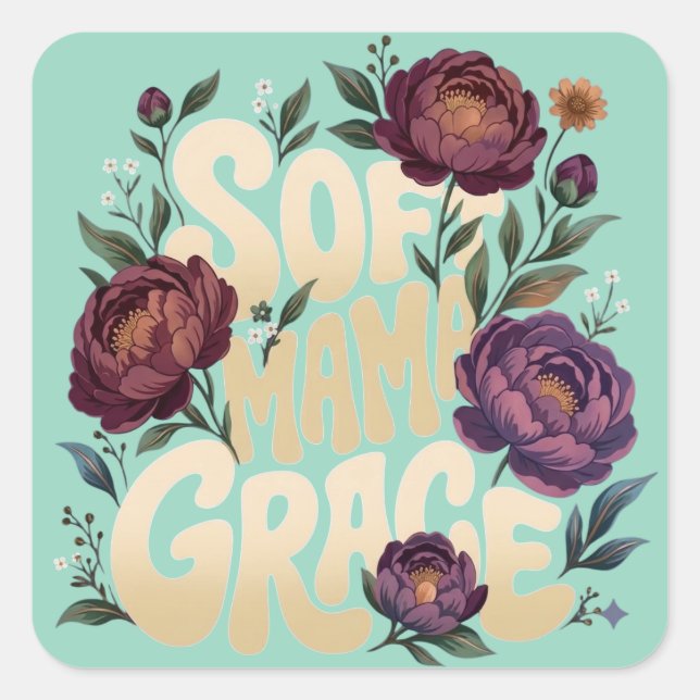 Soft Mama Grace Deep Plum Floral Retro Typography  Square Sticker (Front)