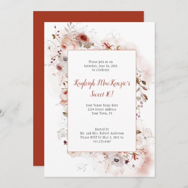 Soft Marsala Burgundy Terracotta Floral Sweet 16 Invitation (Front/Back)