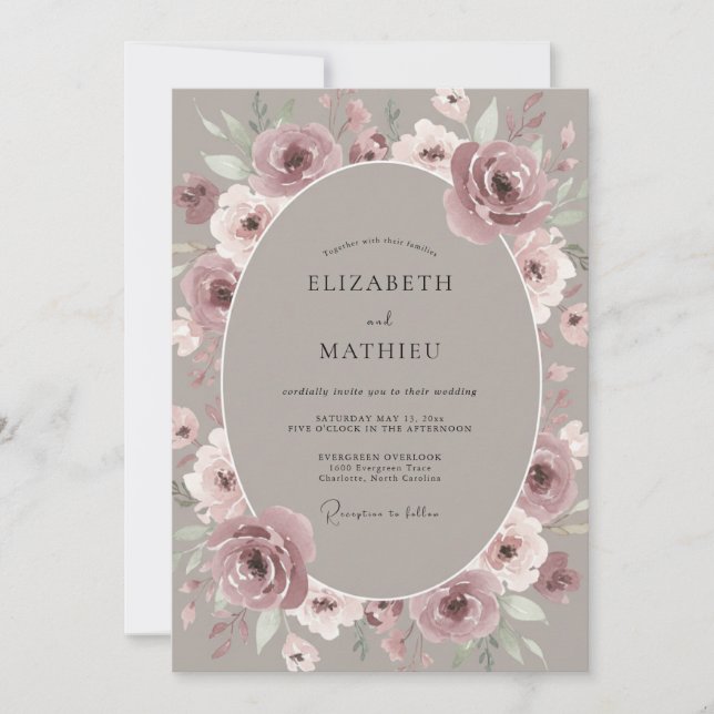 Soft Mauve Blossom Wreath Wedding Invitation (Front)