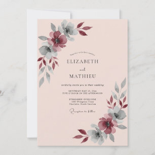 Soft Mauve Burgundy Leafy Wedding Invitation