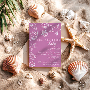 Soft Mauve Sea You Soon Coastal Beach Baby Shower Invitation