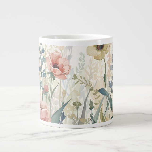 Soft Meadow Impression – Watercolor Botanical Wall Large Coffee Mug (Front)