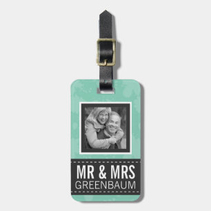 Soft Mint and Grey Mr and Mrs Personalised Photo Luggage Tag