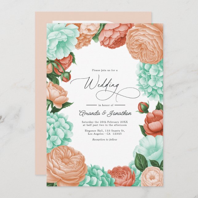 Soft Mint, Apricot & Warm Coral Floral Wedding Invitation (Front/Back)