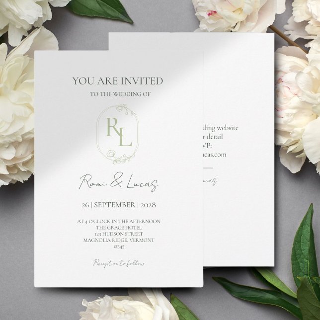 Soft Mint Green Floral Monogram Wedding Invitation (Creator Uploaded)