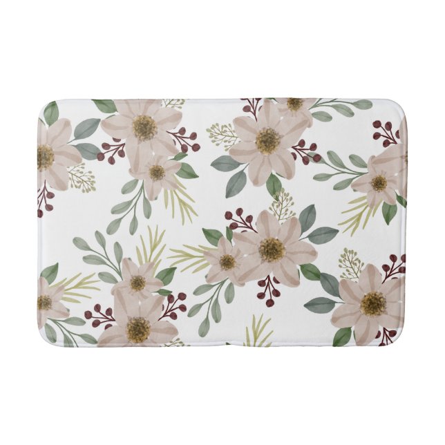 Soft Mint Green Garden Floral Pattern Bath Mat (Front)