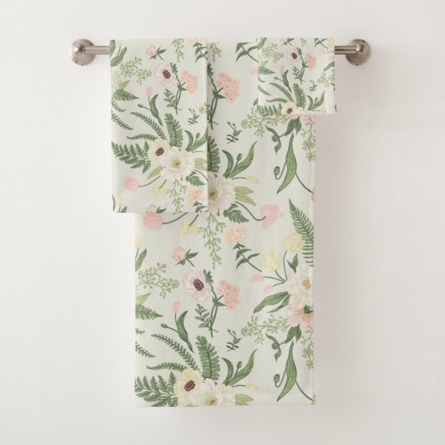 Soft Mint Green Garden Flower Pattern Bath Towel Set (Insitu)