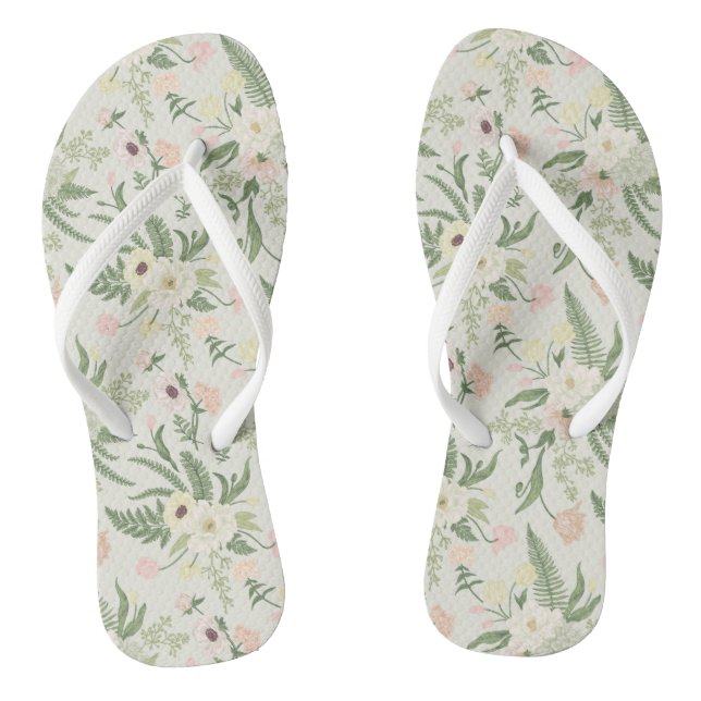 Soft Mint Green Garden Flower Pattern Flip Flops (Footbed)