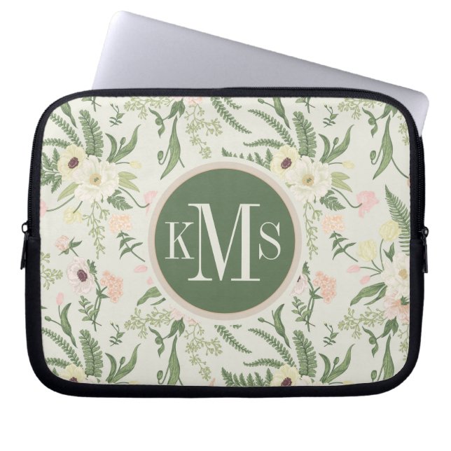 Soft Mint Green Garden Flower Pattern Laptop Sleeve (Front)