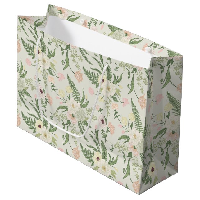Soft Mint Green Garden Flower Pattern Large Gift Bag (Front Angled)