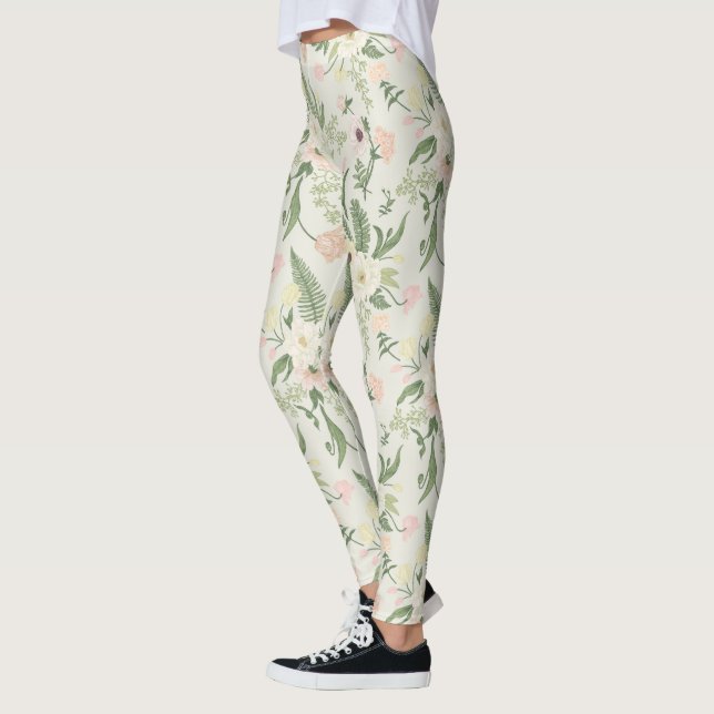 Soft Mint Green Garden Flower Pattern Leggings (Left)