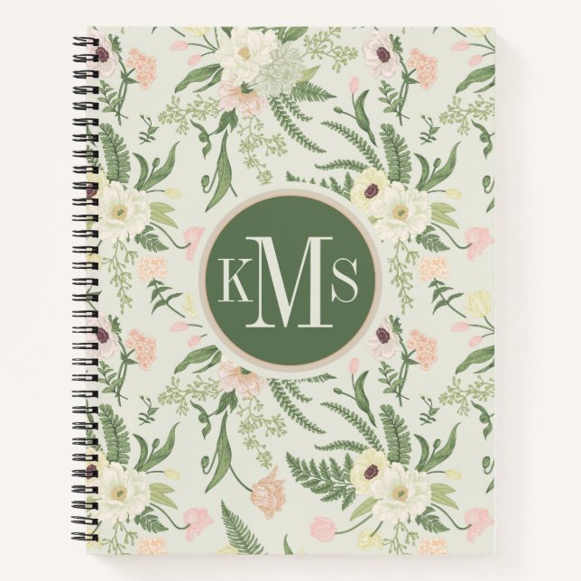 Soft Mint Green Garden Flower Pattern Notebook (Front)