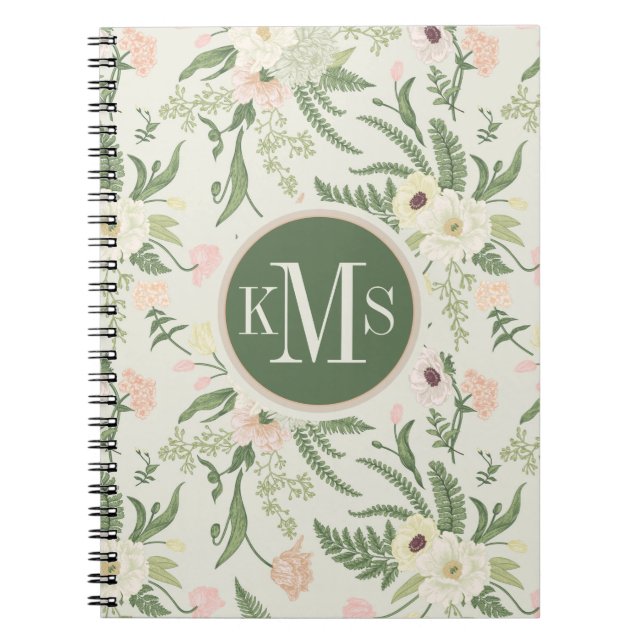 Soft Mint Green Garden Flower Pattern Notebook (Front)