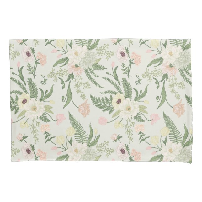 Soft Mint Green Garden Flower Pattern Pillowcase (Front)