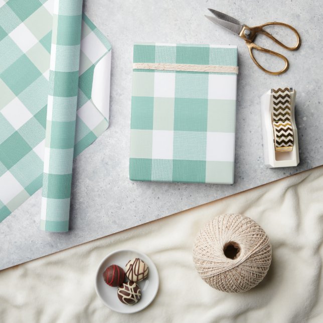 Soft Mint Green White Fresh Gingham Plaid Pattern Wrapping Paper (Crafts)